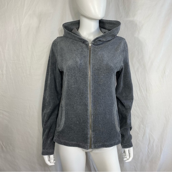 Eddie Bauer Gray Velour Hooded Zip Front Y2K Track Jacket - Picture 2 of 9